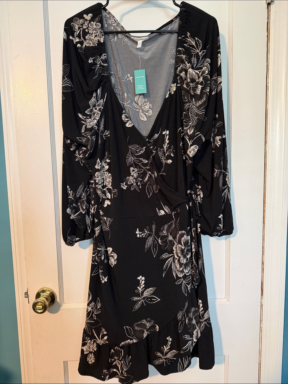 Maurices Black Floral Wrap Dress with White Floral Print size 3X